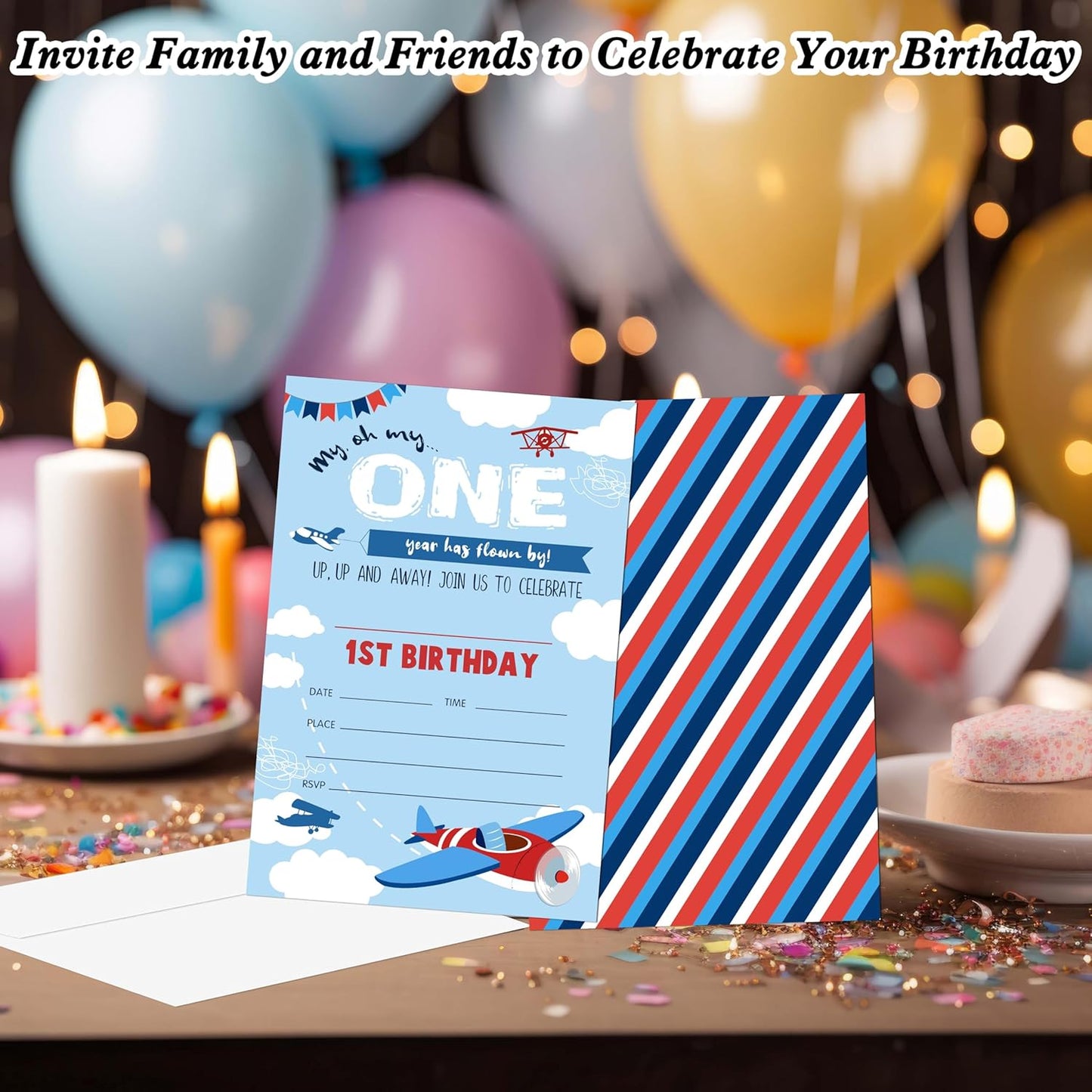 1st Birthday Invitations, 20 Invitation Cards with Envelopes, Airplane Invites for Party Decorations Favor Supplies - A20