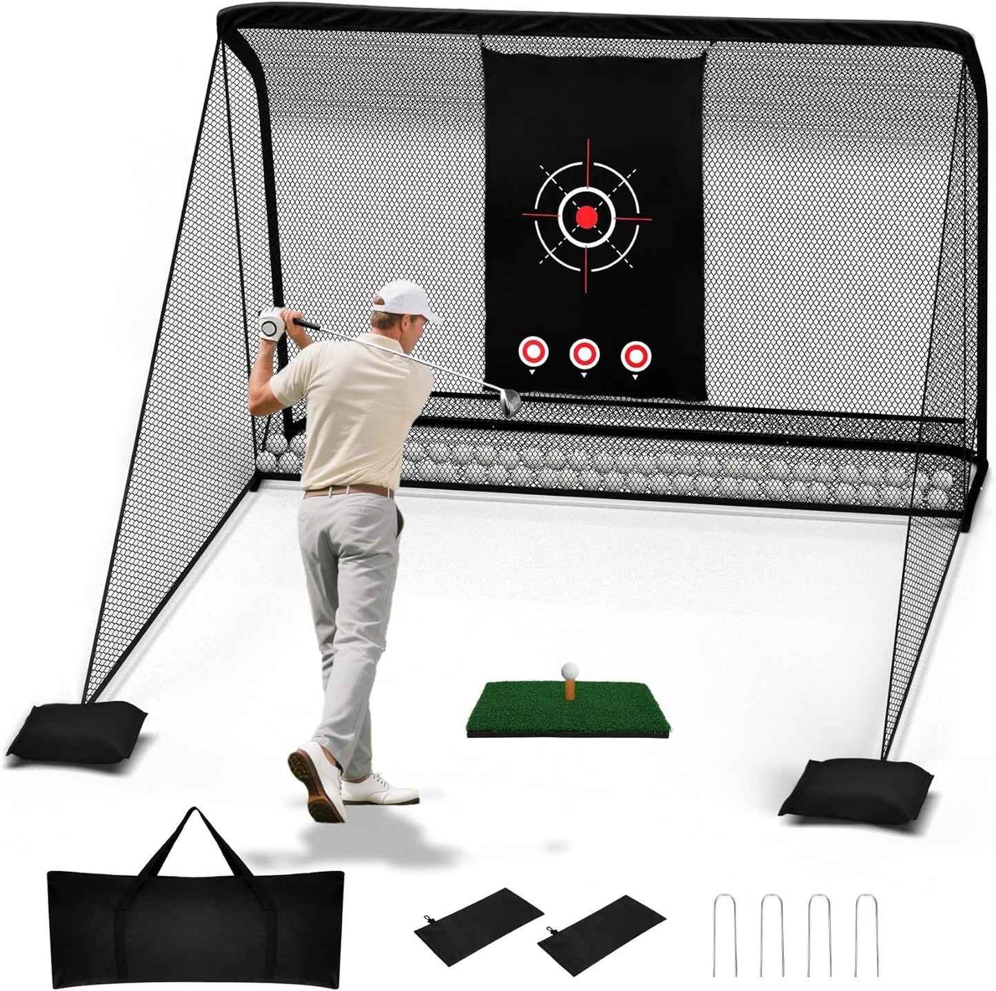 10x7ft Heavy-Duty Golf Practice Net with Hitting Mat & 2 Side Nets | Easy 10-Min Setup & Portable Bag | Low-Noise Impact Target for Backyard, Garage & Outdoor Driving & Chipping Practice