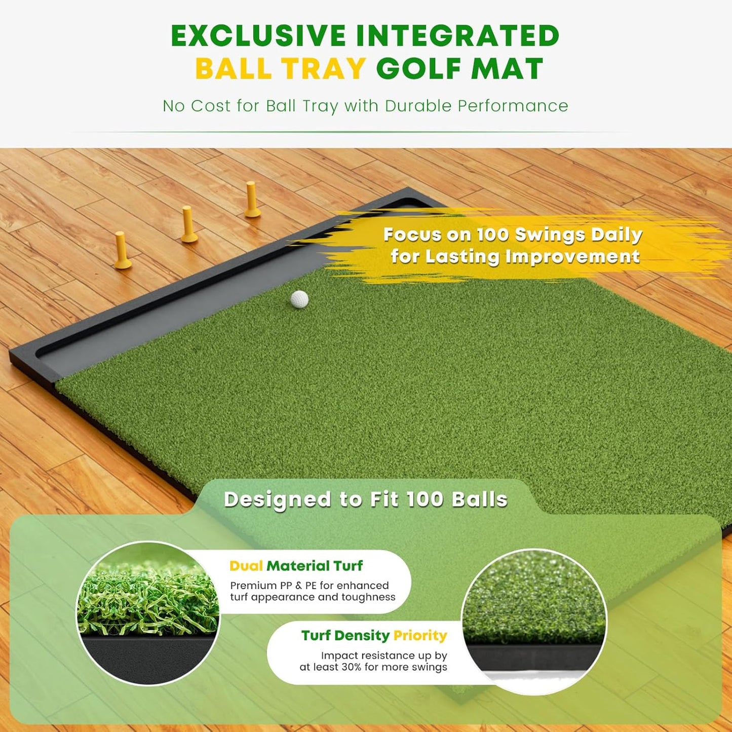 Integrated 5x4ft & 6x5ft 26mm-31mm Golf Mat with Ball Tray, Thickening Golf Mats Practice Outdoor & Indoor, Artificial Turf Matt with 3 Tees for Hitting, Driving Chipping, Swinging