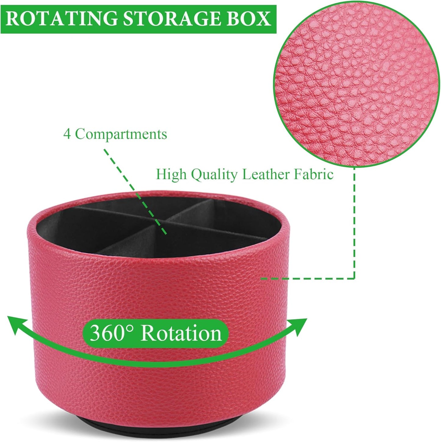 Hennaja Round Leather Art Supply Organizer,Remote Control Holder,360 Degree Spinning,Multi-Functional Pencil Holder,4 Compartments Desktop Stationary Organizer(1-Lichee Red)