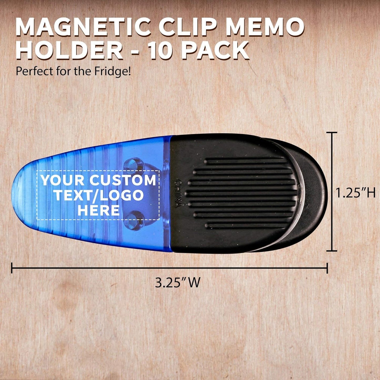 10 Magnetic Memo Holders Set - Customizable Text, Logo - Large Clip, Plastic - TBlue