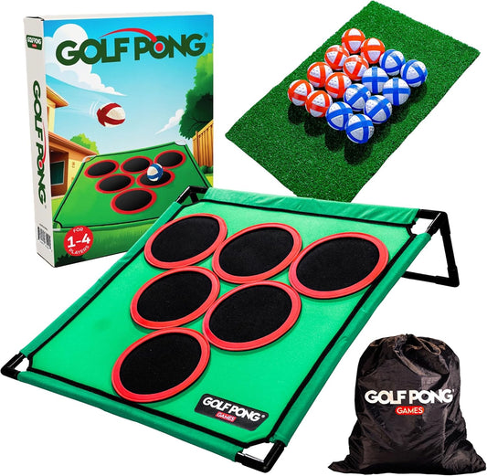 Golf Pong – Backyard Golf Game with 16 Chipping Balls & Mat, Yard and Outdoor Games for Adults & Family, Indoor Golf Set for Home, Beach or Party, Lawn Games for Adults & Family Outdoor (Patented)