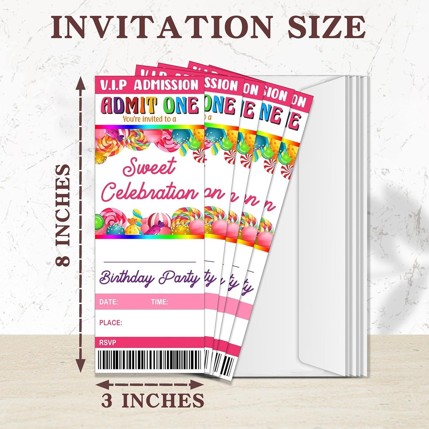 20 Candy Party Ticket Invite Cards-Sweet Celebration Birthday Invitation with Envelopes for Kids Girls Boys-Pink Candy Birthday Cards-Party Favor & Supplies (3×8 inch)-A26