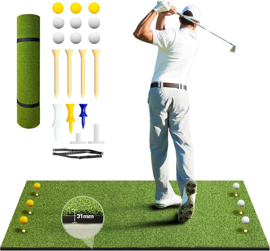 Golf Mat, 31MM 5x4ft Dense Elite Golf Hitting Mats Practice with 9 Balls, 9 Tees, PE Grass Heavy Duty Artificial Hitting Training Matt for Backyard Driving Chipping Indoor Outdoor Simulators