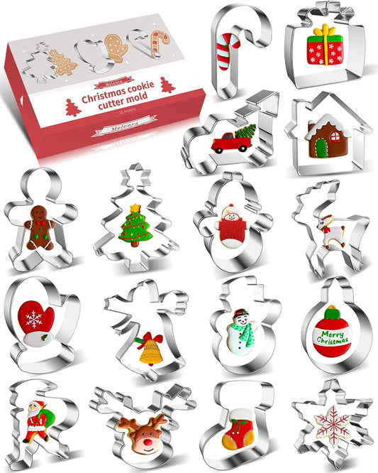 16 Pcs Christmas Cookie Cutters Winter Set with Decorating Instructions Stainless Steel Gingerbread Man Tree Snowflake Candy Cane Santa Snowman And More