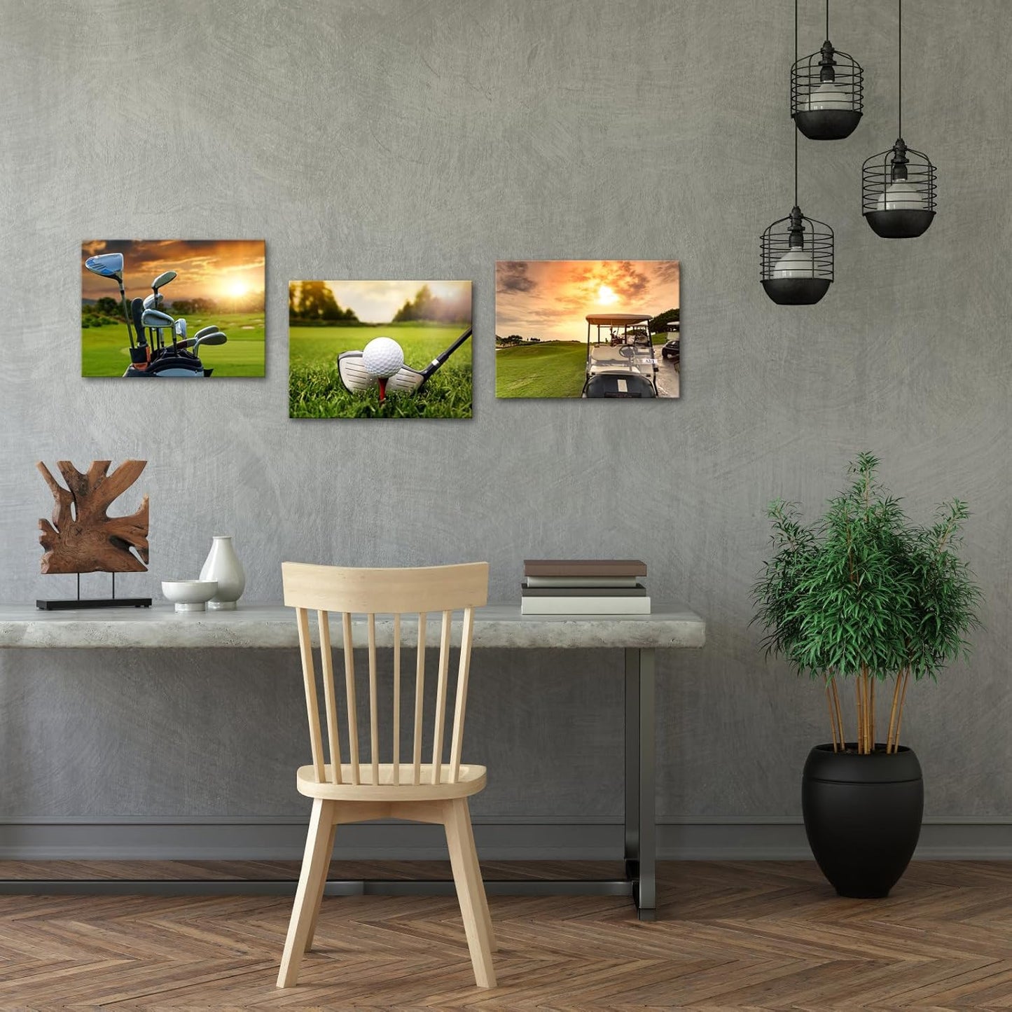 iKNOW FOTO 3 Piece Sports Canvas Wall Art Golf Course Scenery Sunset Framed Print Artwork for Home Decor Ready to Hang Each 12"x16"