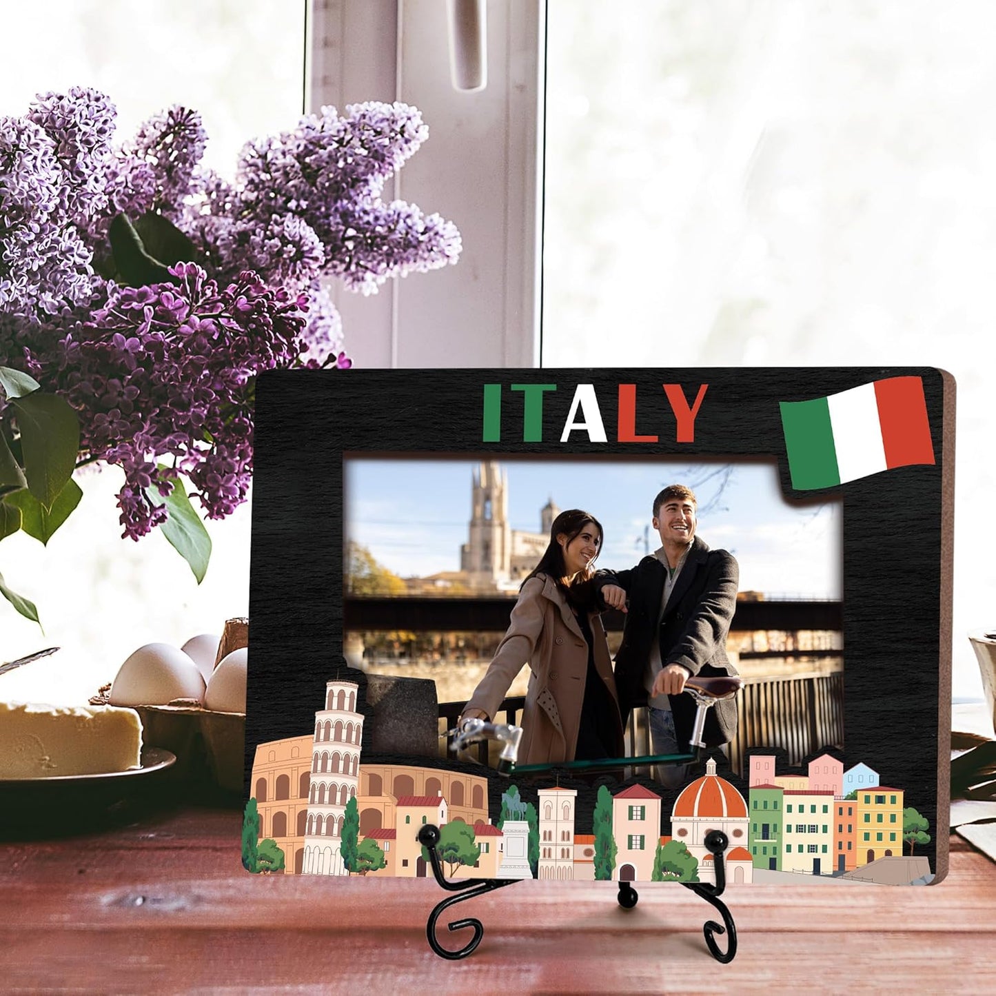 Italy Picture Frame Gift, 5 x 8 Wooden Photo Frame with Stand, Italian Vacation Gifts, Friendship Honeymoon Gift for Friends Couples, Home Office Desk Decorations-A03