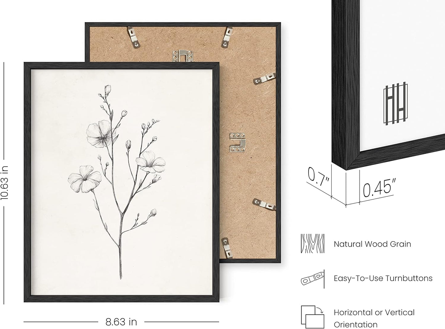 HAUS AND HUES Grey Floral Wall Art - Set of 4 Plant Posters for Wall Vintage, Botanical Prints, Black and White Flower Pictures for Room Aesthetic, Farmhouse Bathroom, Rustic Art (Black Frame, 8x10)