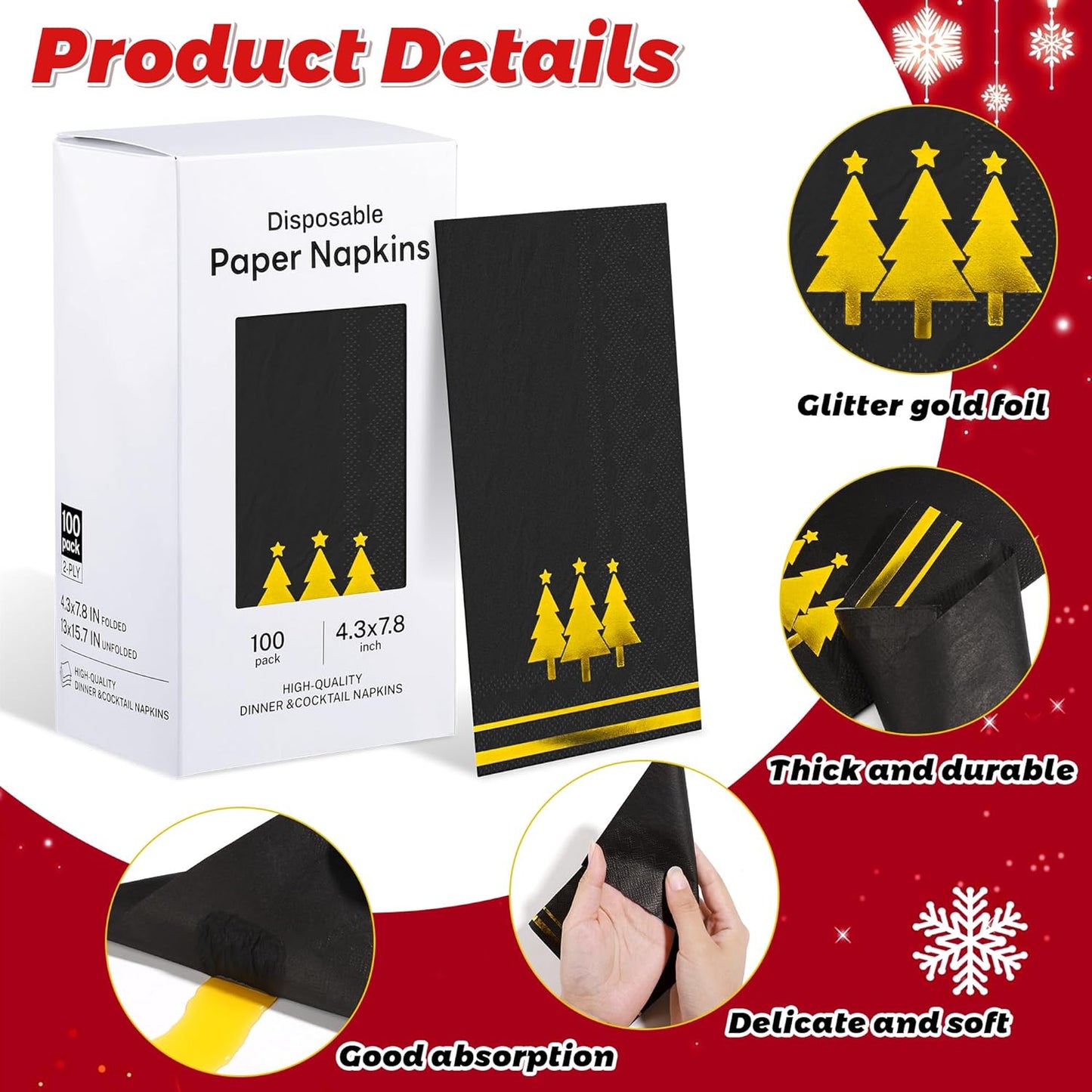 100 Pieces Christmas Napkins Disposable Christmas Gold Paper Napkins 7.8 x 4.3 Inch Decorative Guest Party Napkin Black Gold Foil Xmas Tree Hand Towels for Winter Party Wedding Birthday