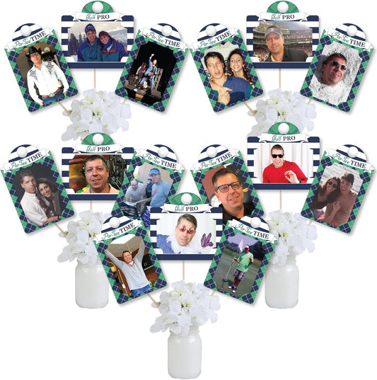 Big Dot of Happiness Par-Tee Time Golf Centerpiece Photo Display - 15 Double-Sided Picture Holders with Sticks, Birthday or Retirement Party Table Decor Kit, Vertical and Horizontal 4x6 Frames