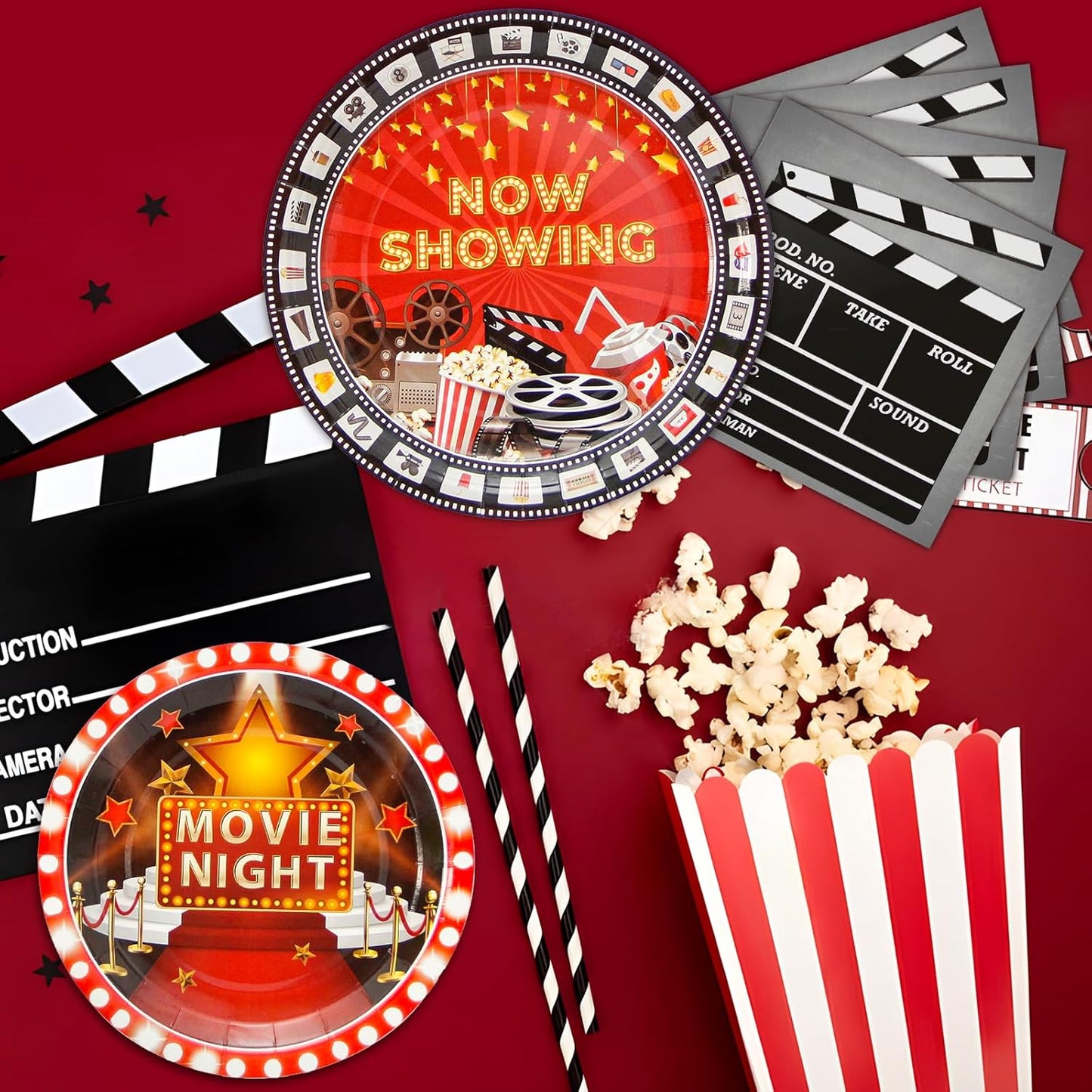 180Pcs Movie Night Party Supplies Paper Plates and Napkins Serve 60 Disposable Tableware Set for Birthday Party Decorations Game Day Family School Holiday Sports Events