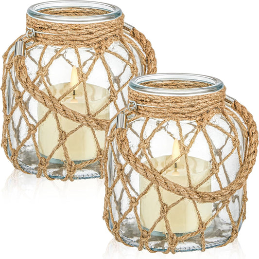 2 Set Nautical Candle Lantern with Rope Handle Coastal Glass Jar Battery Operated LED Flameless Lantern for Room Party Sea Beach House Table Centerpieces Decoration 5.5" x 5.5" x 6.3"