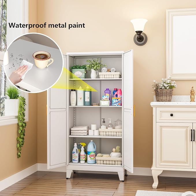 White Metal Storage Cabinet, Kitchen Pantry Storage Cabinet - Image 3