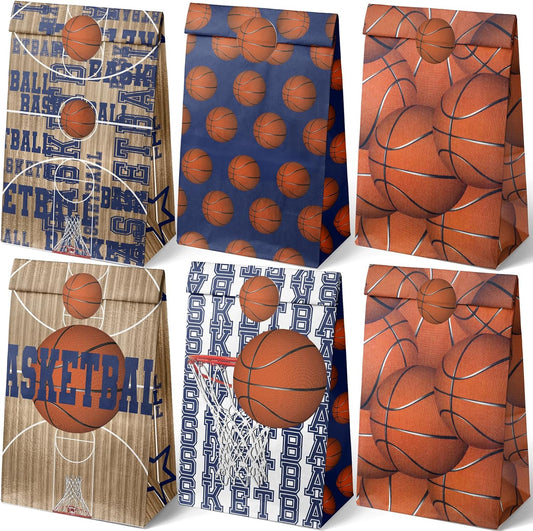 Basketball Party Favor Bags – 24 Pcs Basketball Gift Bags with 5 Designs, Paper Goodie Bags for Sports Theme Birthday Party Decorations and Supplies