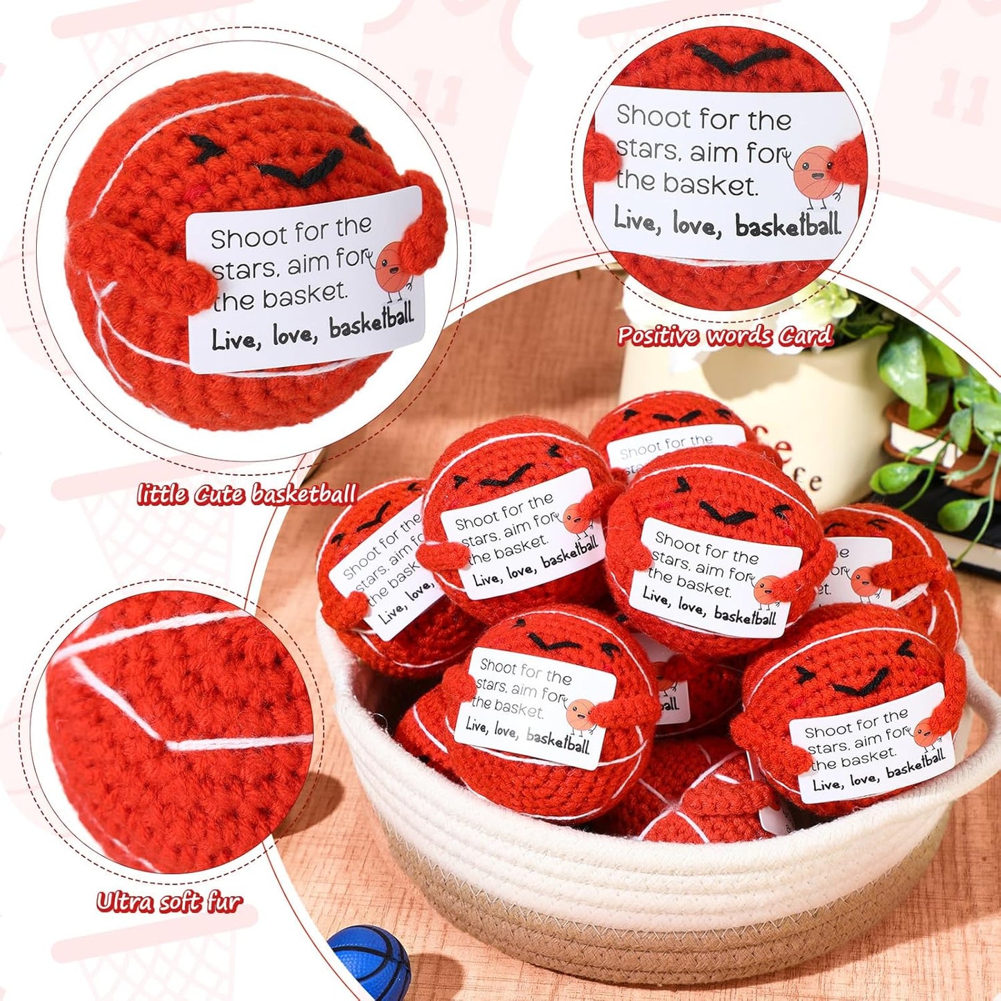 12pcs Christmas Basketball Gifts Bulk Handmade Crochet Basketballs Small with Positive Cards for Team Coach Coworker Friend Birthday Holiday Party Favors Home Decor Supplies