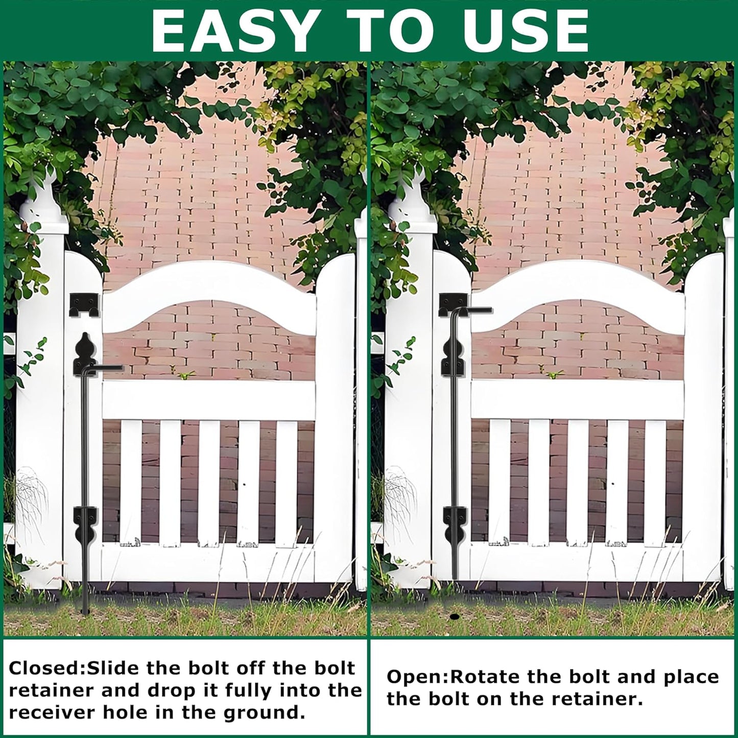 18" Heavy Duty Cane Bolt, Double Gate Latch with Black Finish, 2 Way Gate Drop Rod for Wood PVC Vinyl Metal Fences Gates Double Doors-2 Pack