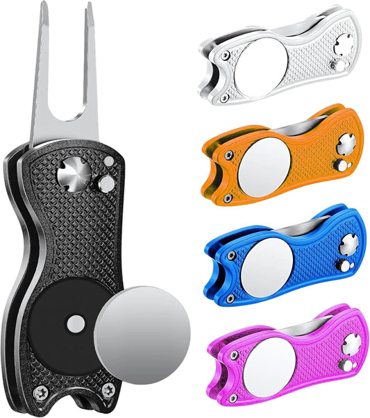 Golf Divot Tool with Magnetic Ball Marker, Multifunctional Divot Tool, Foldable Fork,Fix Divots, Clean Clubs and Cleats, U Shape Bottom can Hold Club