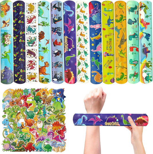 74Pcs Dinosaur Theme Party Favors Contain 24 Pcs Slap Bracelets 50Pcs Stickers, Dino Theme Birthday Party Decorations,Classroom Rewards Supplies.