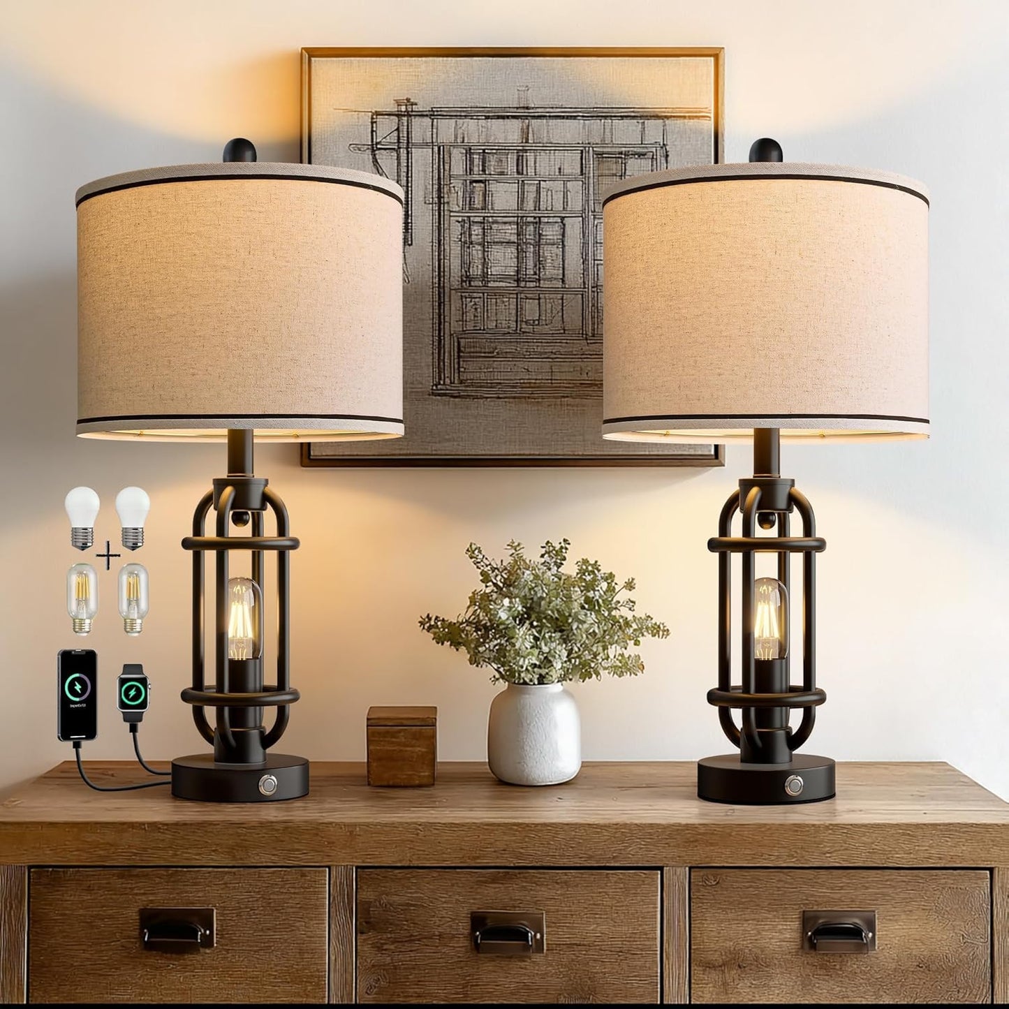 24'' Table Lamps for Living Room Bedroom Set of 2 Industrial Touch Lamp with USB A+C Ports, Night Light Farmhouse Vintage Nightstand Bedside Lamps for Night Stands Metal Black, Bulbs Included