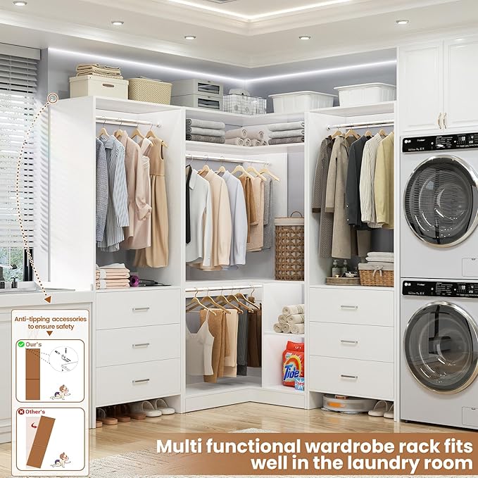 Aheaplus Closet System with 6 Drawers, 4 Hanging Rods & Corner Tower, Corner - Image 3