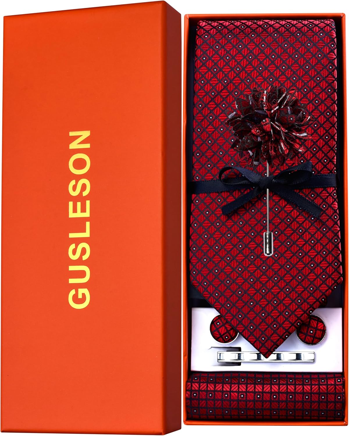 GUSLESON Tie Set for Men Necktie and Pocket Square,Tie Clip,Cufflinks, Lapel Pin Sets with Gift Box 5PCS