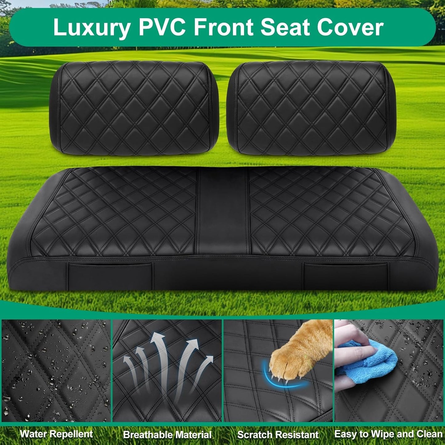 iLSKW Golf Cart Seat Covers for Yamaha G22 G8 G9 G16 G19 G2 Seat Cover OEM Front, Thinck Vinyl Leather with Convex Diamond Texure, Full Wrap-Around Design of Yamaha G22 Golf Cart Front Seat Cover