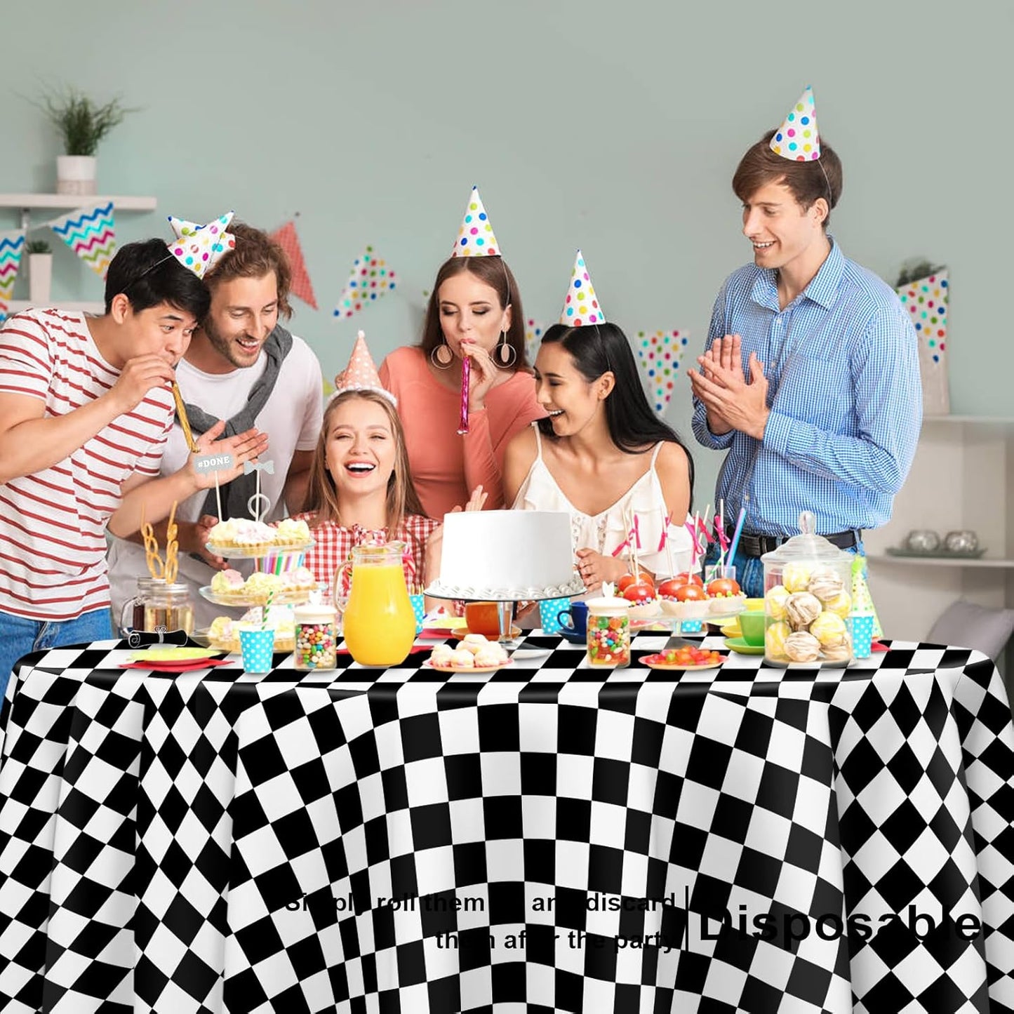 12 Pack Black and White Checkered Tablecloth, Round Black Checkered Flag Plastic Table Cloths for Parties Disposable, 84x84 in Waterproof Race Car Tablecloth for Birthday Party Halloween Picnic School