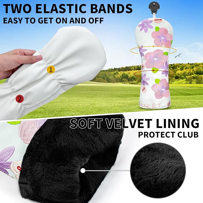 Golf Head Cover Golf Club Peach Blossom Design Golf Covers PU Headcovers Set - Image 3