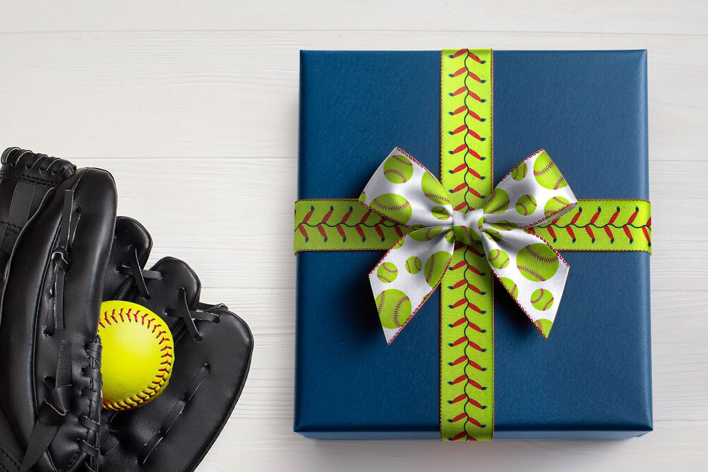 2 Rolls 10 Yards Softball Ribbons Green Yellow Wired Edge Burlap Ribbons for Crafts Sport Stitching Fabric Ribbon for Cheerleading Wrapping Wreath Sport Team Party Home Decoration 2.5Inch