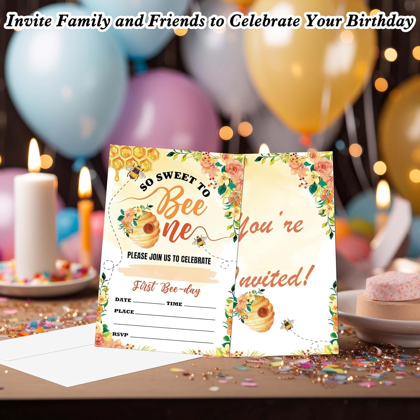 Honeycomb 1st Birthday Invitations, 20 Invitation Cards with Envelopes, Sweet Bee Invites for Party Decorations Favor Supplies - A04