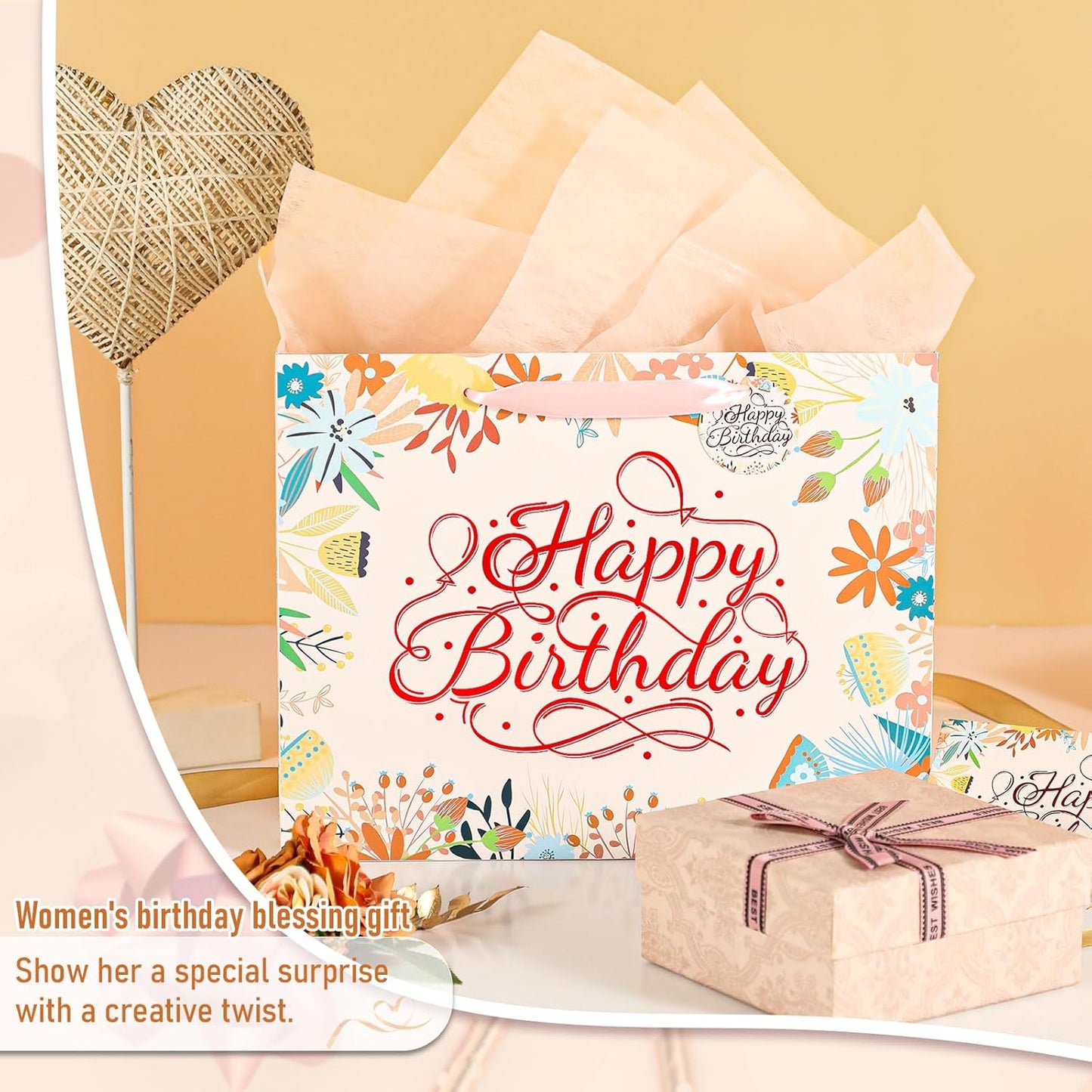 13" White Happy Birthday Gift Bag with Tissue Paper and Greeting Card for Patry, Happy Birthday Gift Bag for Women, Gift Bags Medium size(1 PCS Flower Gifts Bag)