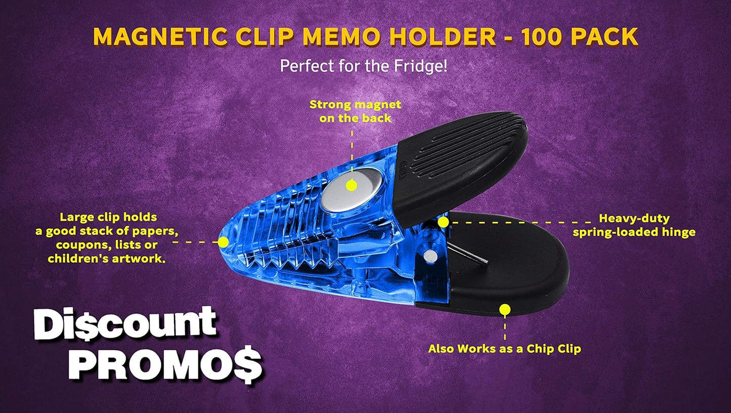 100 Magnetic Memo Holders Set - Customizable Text, Logo - Large Clip, Plastic - TBlue