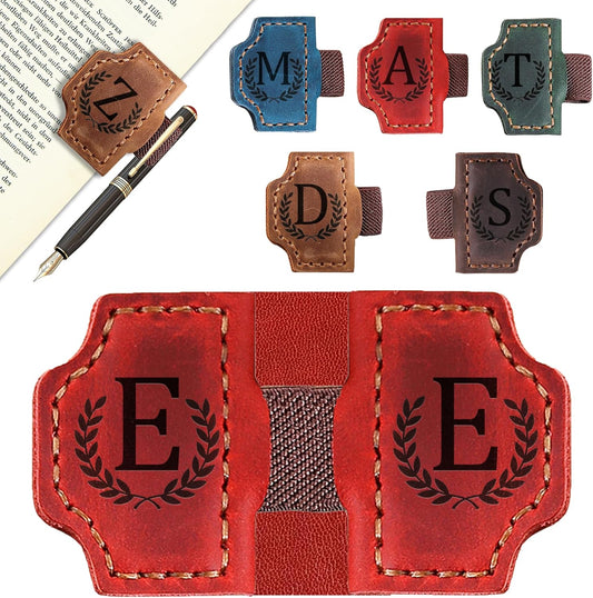 Bygone Mark Bookmark with Pen Holder, 26 Letters Name Initial Personalized Magnetic Bookmarks, Leather Book Mark for Men Women, Travelers Accessories, Teachers Readers Book Lovers Gifts (Red, E)