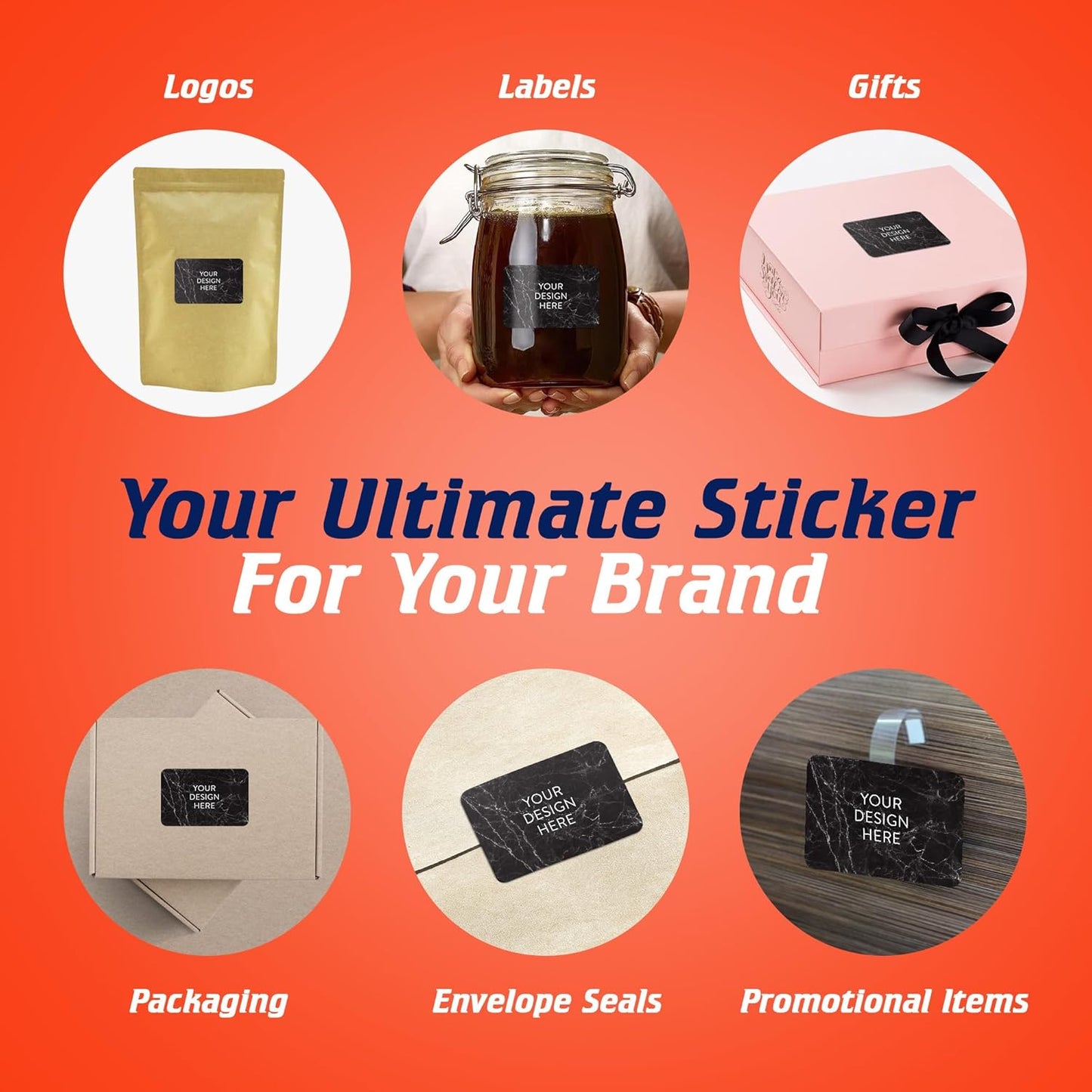 100 Custom Vinyl Stickers - Upload Your own Image, Text, Design, Logo - Personalized Logo Labels for Handmade, Packaging, Bottle, Jars, Candle, Brand Stickers (Black Marble, 5x3)