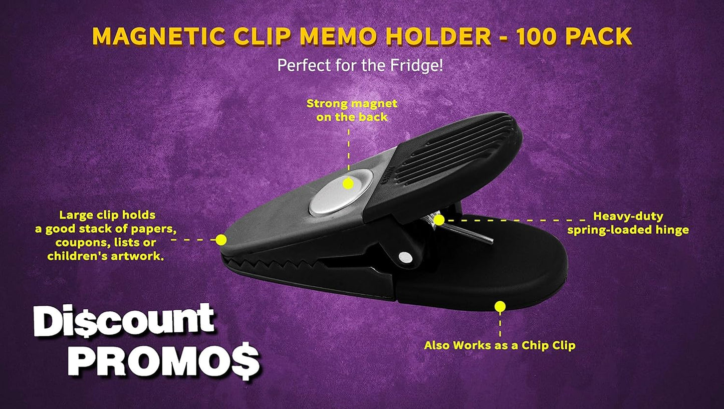 100 Magnetic Memo Holders Set - Customizable Text, Logo - Large Clip, Plastic - Black