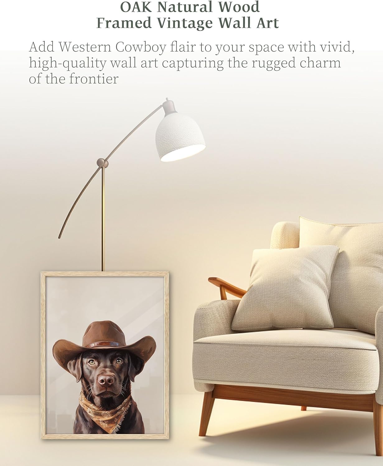 iHery Natural OAK Wood Labrador Dog Cowgirl Hat Framed Wall Art, 12x16 in Neutral Aesthetic Western Trendy Canvas Wall Art Decor For Bedroom, Funky Cute Dog Prints Bathroom Living Room Set of 1