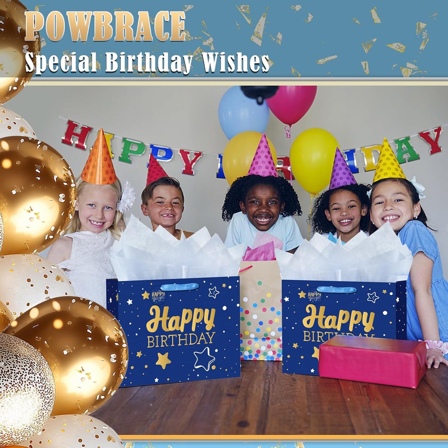 13" Black + Blue Happy Birthday Gift Bag with Tissue Paper and Greeting Card for Party,Happy Birthday Gift Bag for Men Women, Gift Bags Medium size(2 PCS Black & Blue)