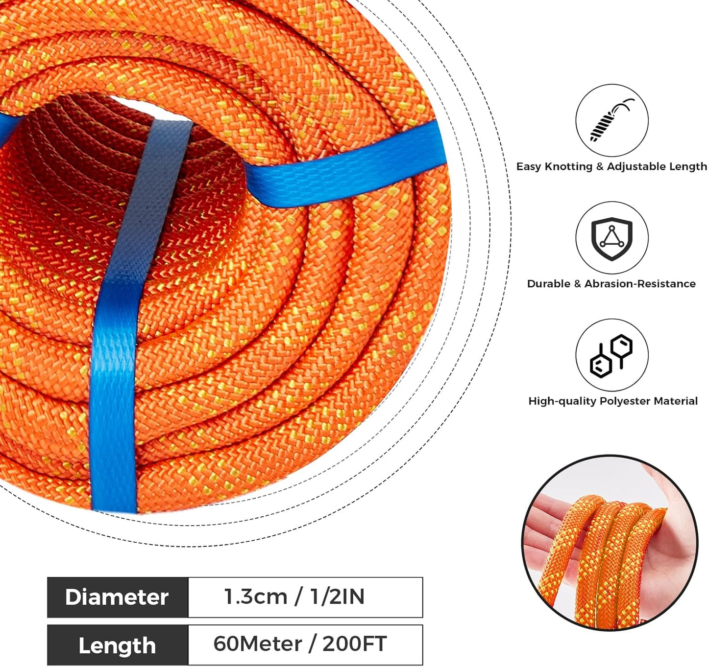 1/2 Inch 200ft Double Braided Polyester Arborist Rope, Heavy Duty Nylon Rope for Anchor, Tree Work, Cargo, Pulling, Sailing(Orange)