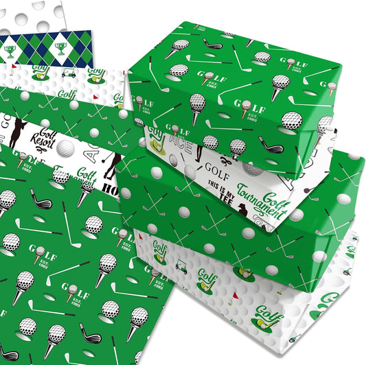 Golf Wrapping Paper Set, 12 Sheets Golf Patterns Gift Wrap Paper Golf Clubs, Balls, Carts, and Green Argyle Designs Theme Art Paper for Wedding Bridal Shower Baby Shower 20'' x 27'' , 6 Styles