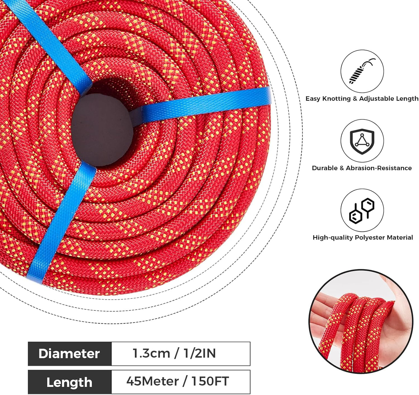 1/2 Inch 150ft Double Braided Polyester Arborist Rope, Heavy Duty Nylon Rope for Anchor, Tree Work, Cargo, Pulling, Sailing(Red)