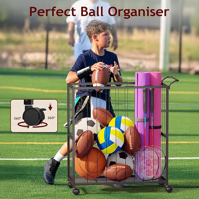 Ball Storage Bin Rolling Sports Ball Cart, Metal Garage Organizer Sport Rack - Image 8