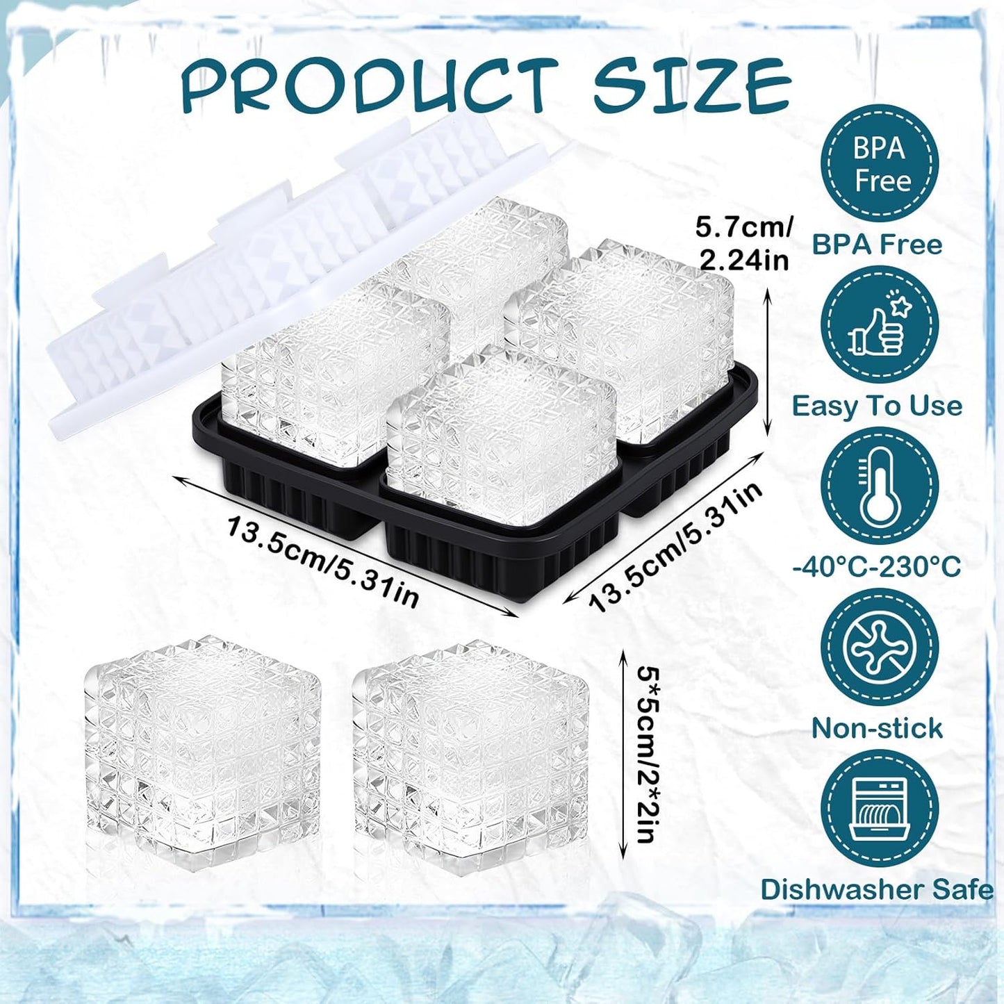 Hoolerry 2 Pcs Silicone Ice Cube Tray Large Square Sphere Golf Ice Tray 4 Hole Fun Shapes Big Ices Cube Mold with Funnel for Whiskey Cocktails Bourbon Chilling White Elephant Gifting(Square)