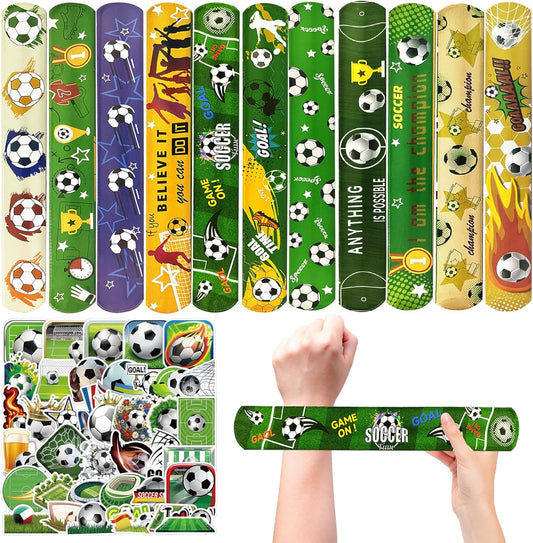74Pcs Soccer Theme Party Favors Contain 24 Pcs Slap Bracelets 50Pcs Stickers, Soccer Theme Birthday Party Decorations,Classroom Rewards Supplies.