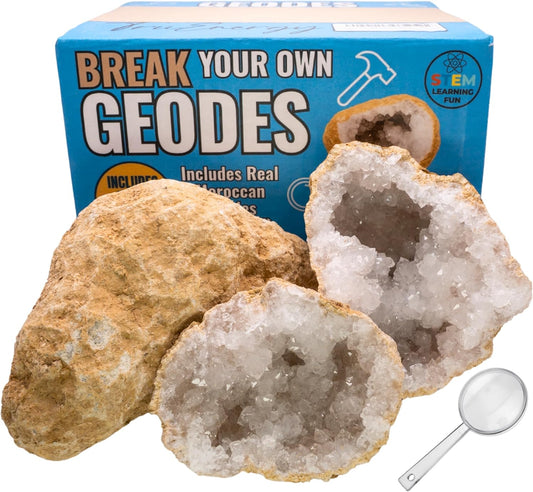 Break Your Own XL Geodes Kit for Kids – 3–4 Large Natural Crystal Geodes (3.5–4.5”) with Magnifying Glass & Learning Guide – STEM Science Rock Kit – Gift-Ready Educational Set for Kids Ages 6–12