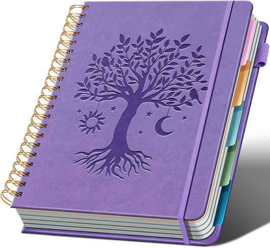 Hardcover Spiral Notebook 8.5" x 11" with 5 Removable Dividers 300 Pages Leather 5 Subject Notebook College Ruled 100GSM Large Spiral Notebooks for Work Thick Lined Journal for Women, Purple
