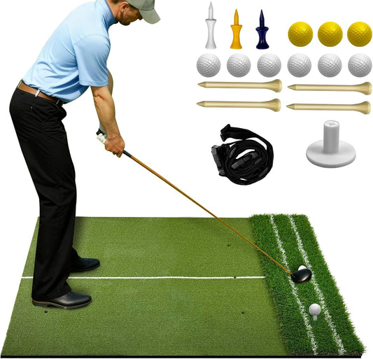 5x4ft Golf Hitting Mat, Dual Turf with Fairway & Rough, Portable Foldable Mat with High-Elasticity EVA Base, Includes 6 Tees and 9 Golf Balls for Indoor Outdoor Practice