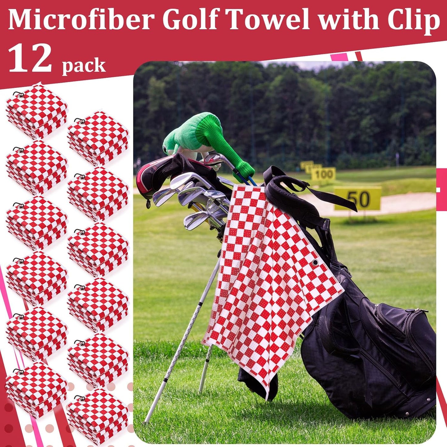 12 Pcs Golf Towels Bulk for Bags Microfiber Waffle Pattern Golf Towel with Clip 16'' x 16'', Ultra Absorbent Quick-Dry, Mini Tournament Yoga Fitness Men's Gifts(Ruby Red)