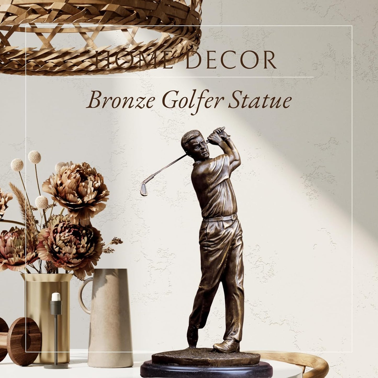 14.6'' Modern Golf Man Statue Bronze, Bronze Golfer Figurine Sculpture Ornament with Marble Base