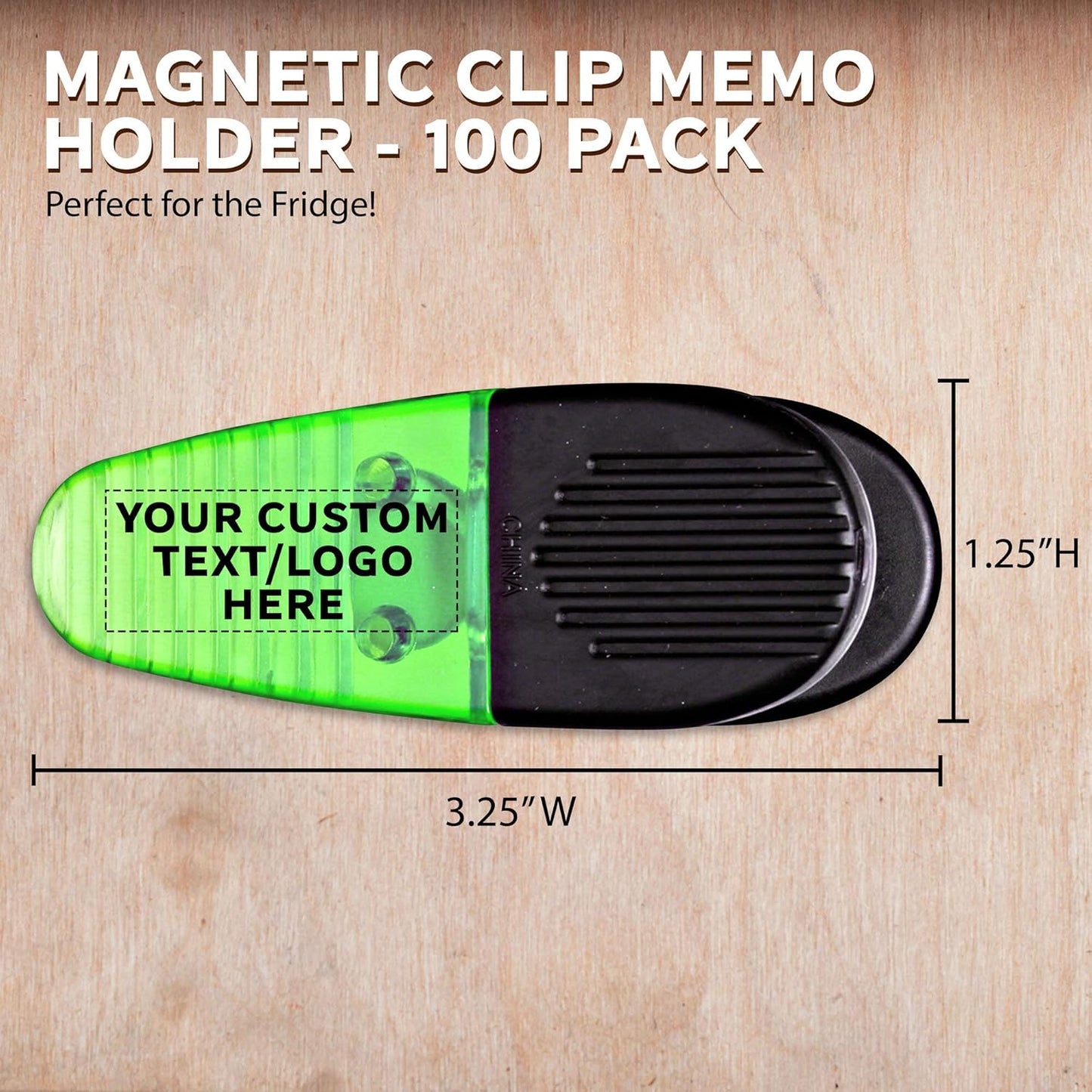 100 Magnetic Memo Holders Set - Customizable Text, Logo - Large Clip, Plastic - TGreen