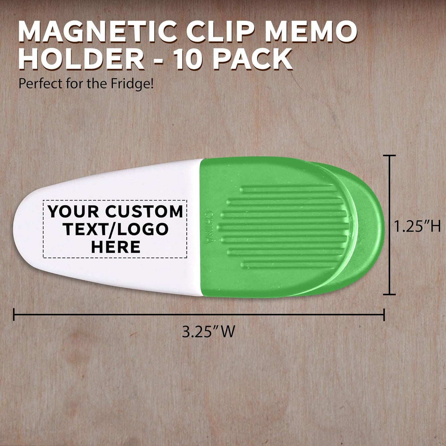 10 Magnetic Memo Holders Set - Customizable Text, Logo - Large Clip, Plastic - White Green